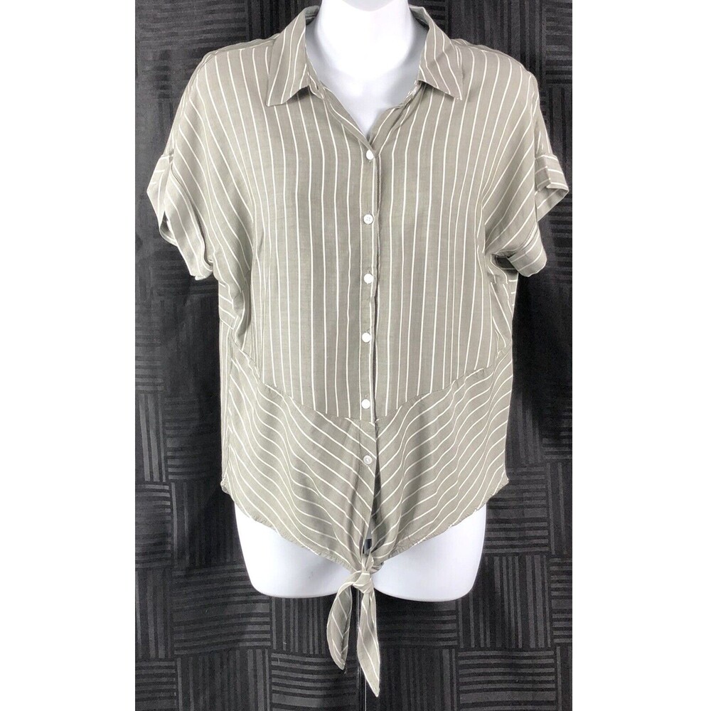 Jones NY Boyfriend Top S Gray/Wht Stripe ButtonUp Tie Front Beach Coastal